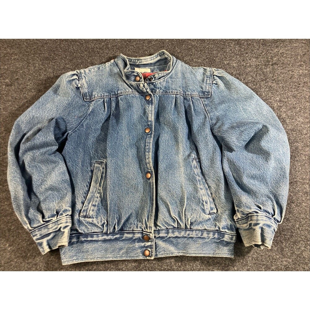 Vtg 80s Sears Roebuck Insulated Denim Puff Sleeve Jacket Flannel Lined Plaid M